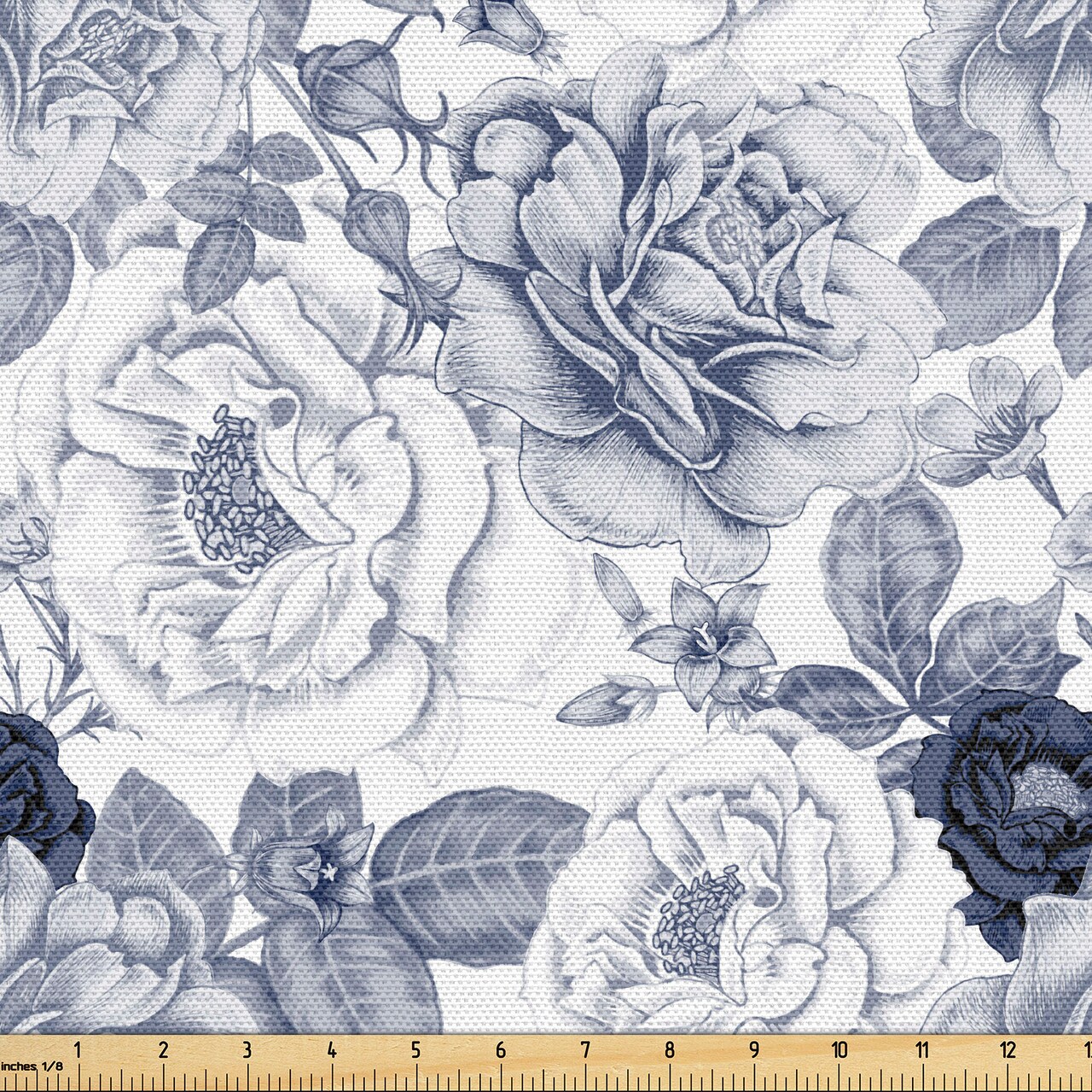 Ambesonne Shabby Flora Fabric by The Yard, Garden Spring Roses Buds with Leaves Flowers Romantic Image Art, Decorative Fabric for Upholstery and Home Accents, 5 Yards, Cadet Blue